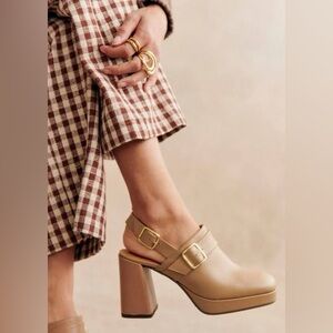 Sézane Rebecca Sabots High Tan Beige Nude Block Heel Mules, Size 7 US/38 EUC